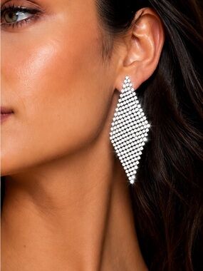 Guess Silver Rhinestone Mesh Diamond Drop Earrings